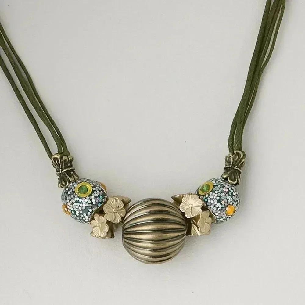 Handcrafted Chunky Kashmiri Lac Clay Antiqued Brass Olive Green Necklace